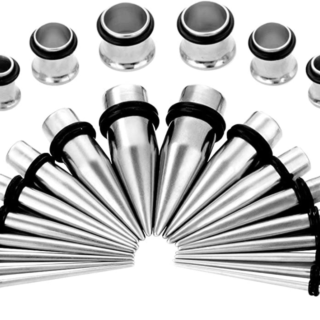 New Gauge Earrings Silver Steel 2 Tapers 2 Plugs